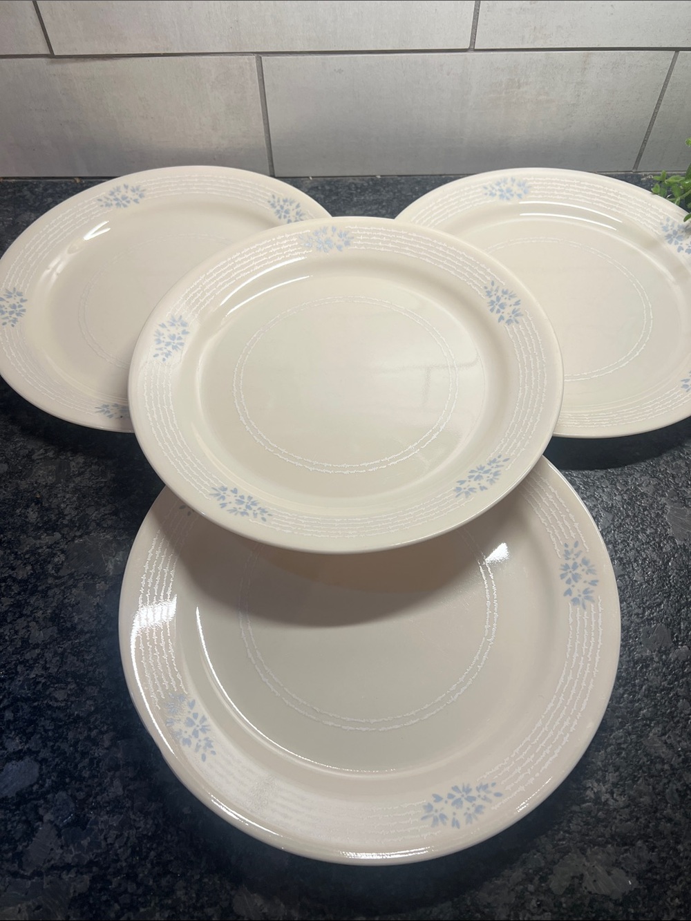 Set of 4 Corelle Lace Boquet Classic Cream Dinner Plates with Pale blue flowers